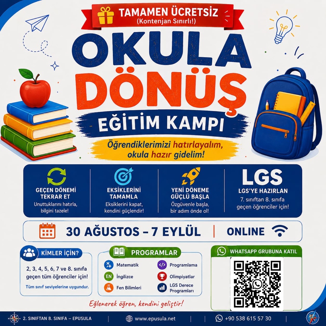 e-Pusula Okula Dönüş Eğitim Kampı afişi: 30 Ağustos - 7 Eylül, online ve ücretsiz
